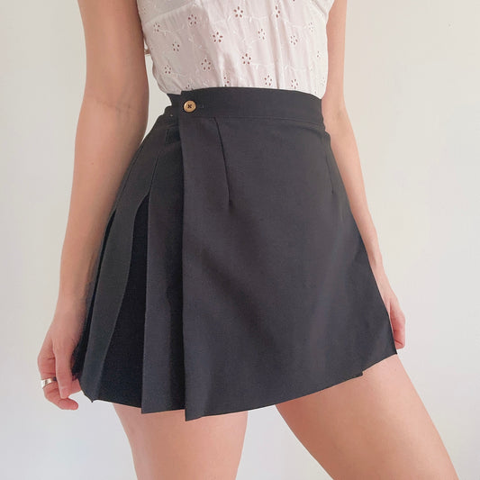 90's Black Wrap Mini Pleated Skirt / SZ XS-S