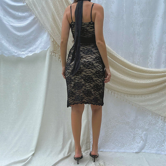 Y2K Black & Nude Lace Midi Dress / SZ S