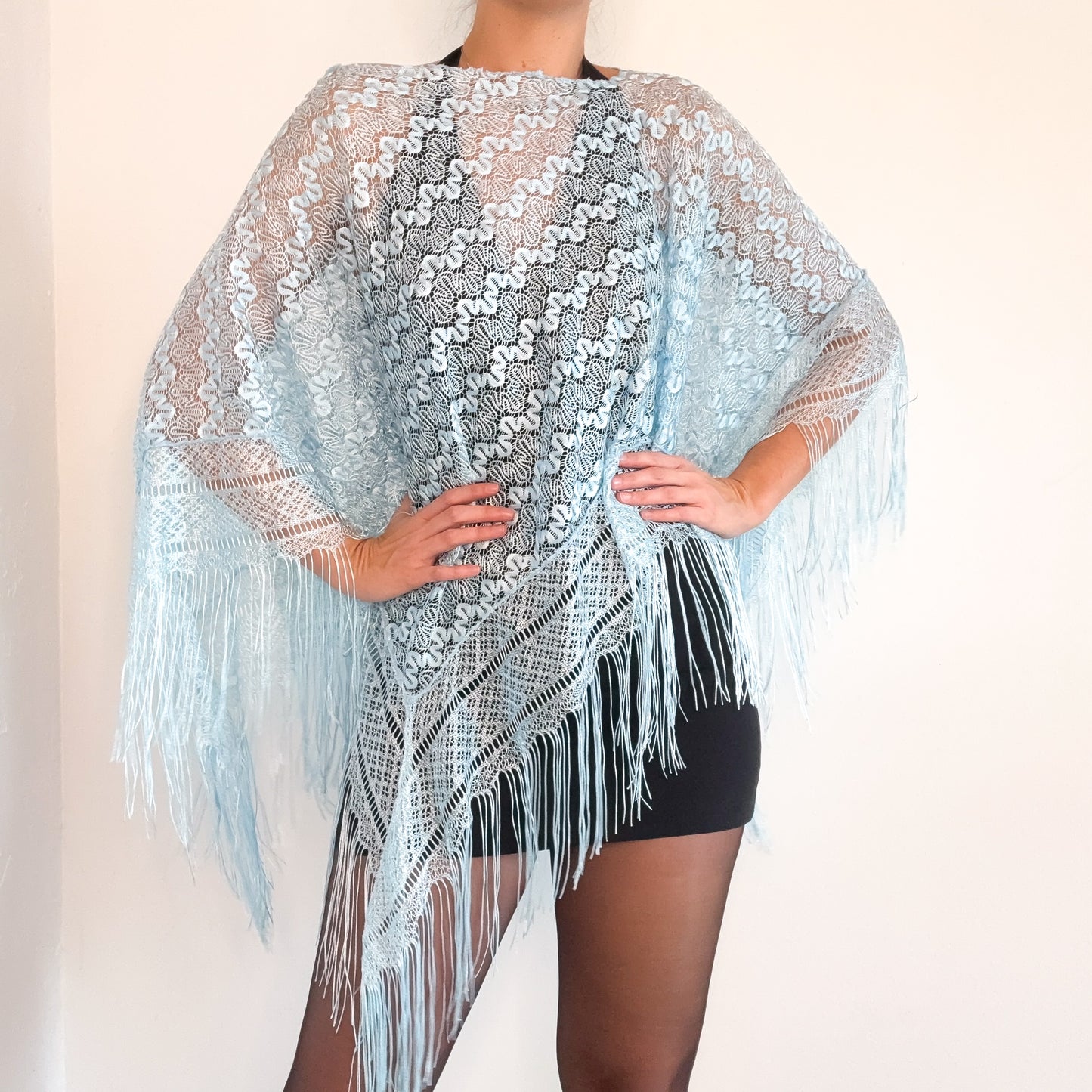 Y2K Sky Blue Lace Fringe Poncho / One Size