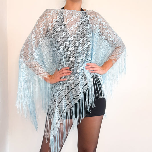 Y2K Sky Blue Lace Fringe Poncho / One Size
