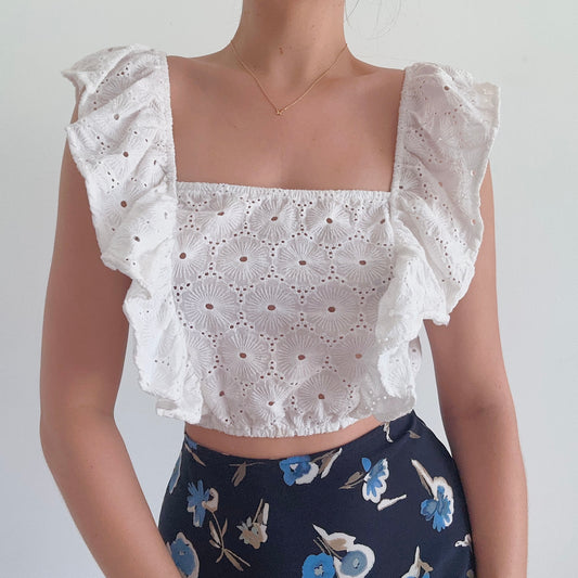 Eberjey White Cotton Eyelet Crop Top / SZ S