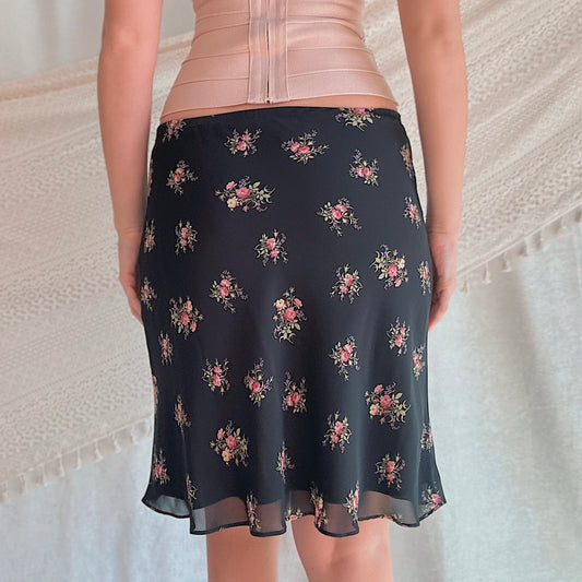 Y2K Black & Pink Floral Midi Skirt / SZ S
