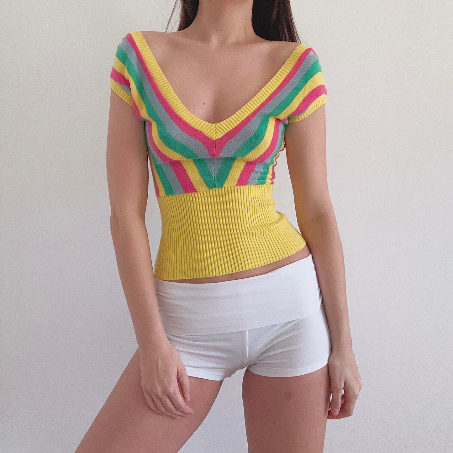 Y2K Yellow Multicolor Striped Knit Top / SZ S