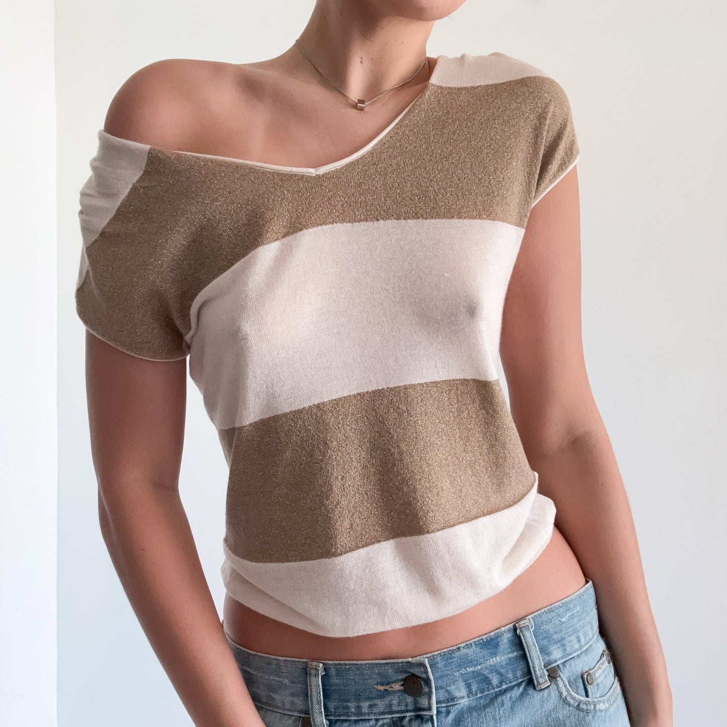 Y2K Beige & Gold Striped Knit Top / SZ XS/S