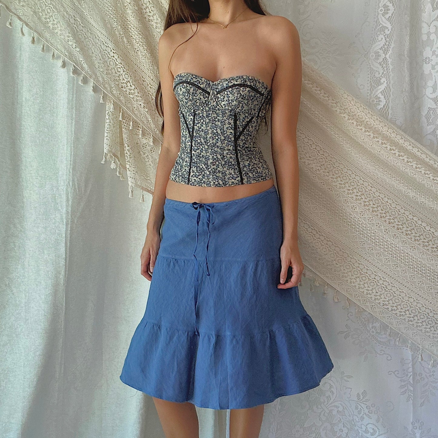 Y2K Blue Linen Tiered Midi Skirt / SZ M/L