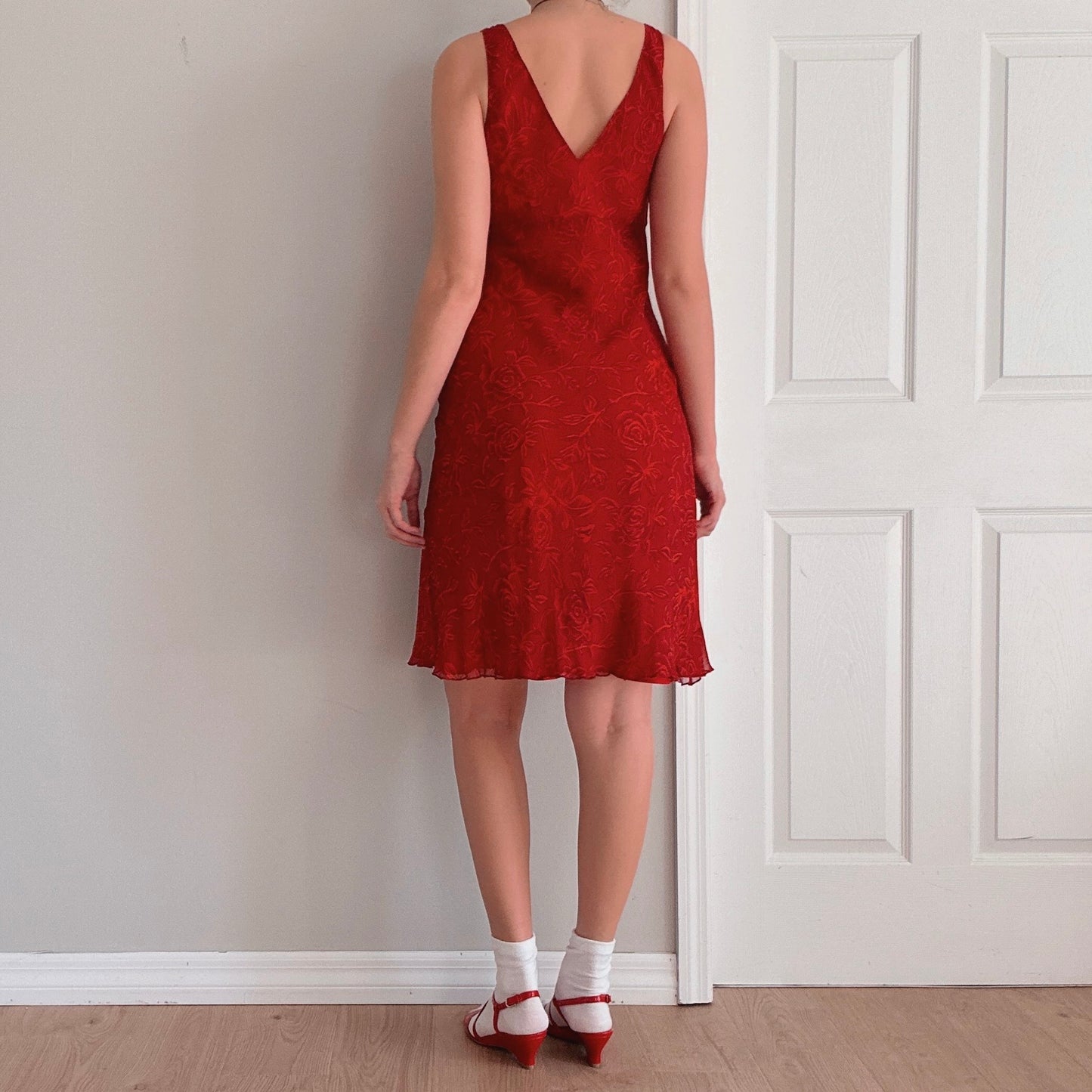 90's Red Rose Silk Midi Dress / SZ 6