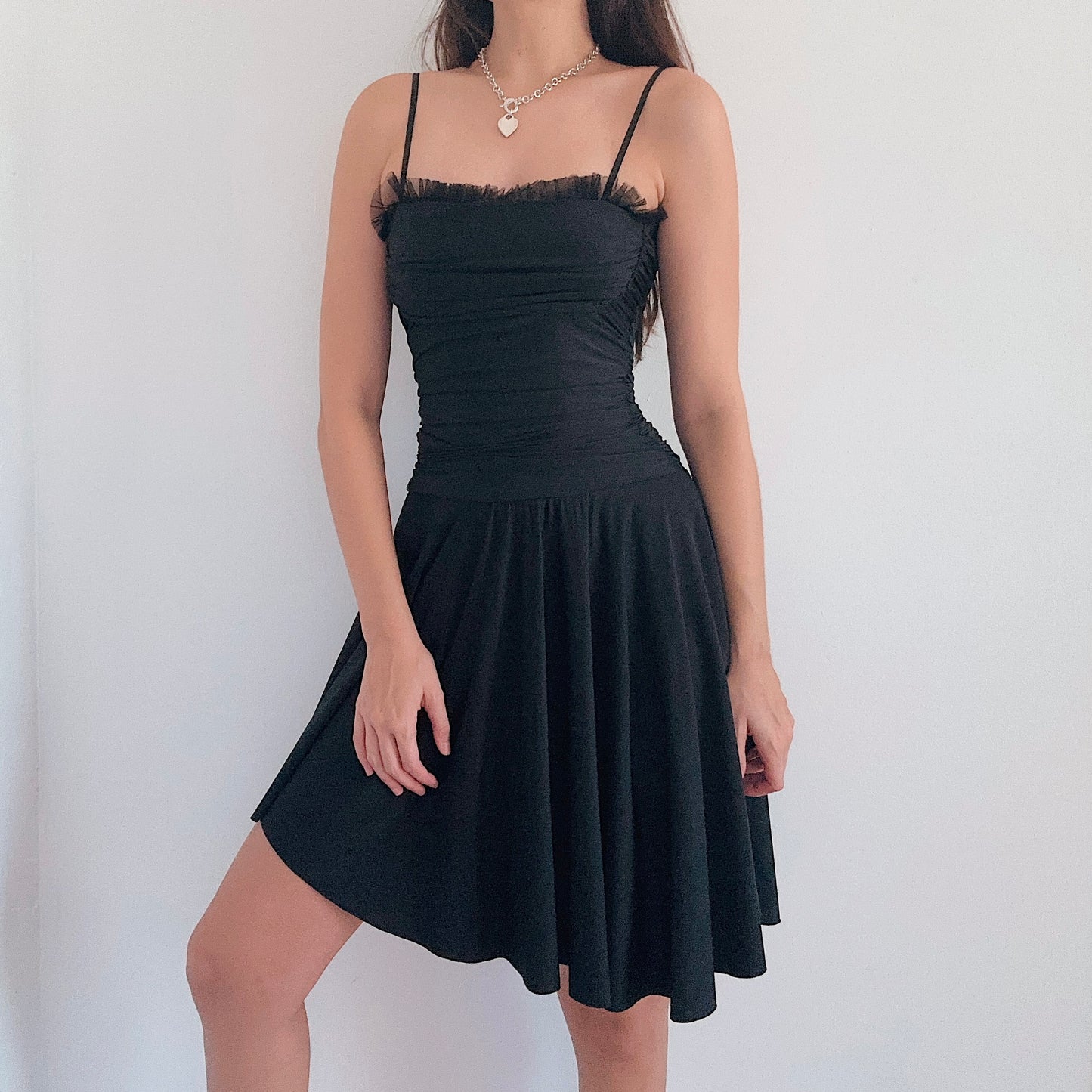 Y2K Black Ruffle Tulle Trim Midi Dress / SZ S