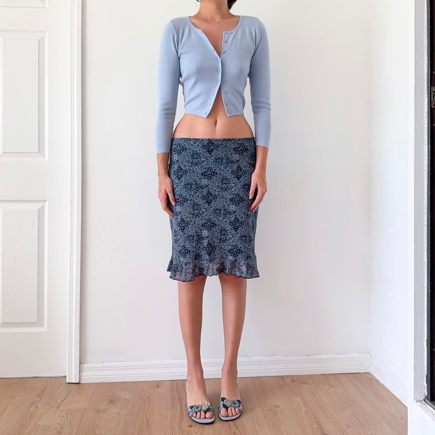 Y2K Stone Blue Paisley Mesh Midi Skirt / SZ M