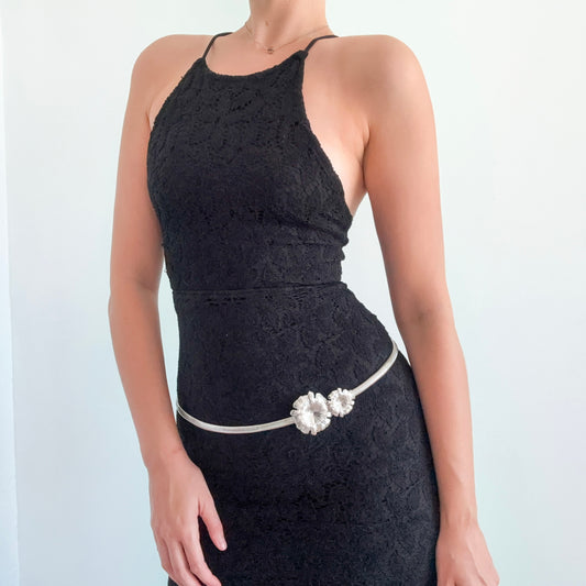 Y2K Silver Flower Skinny Belt / SZ M-L