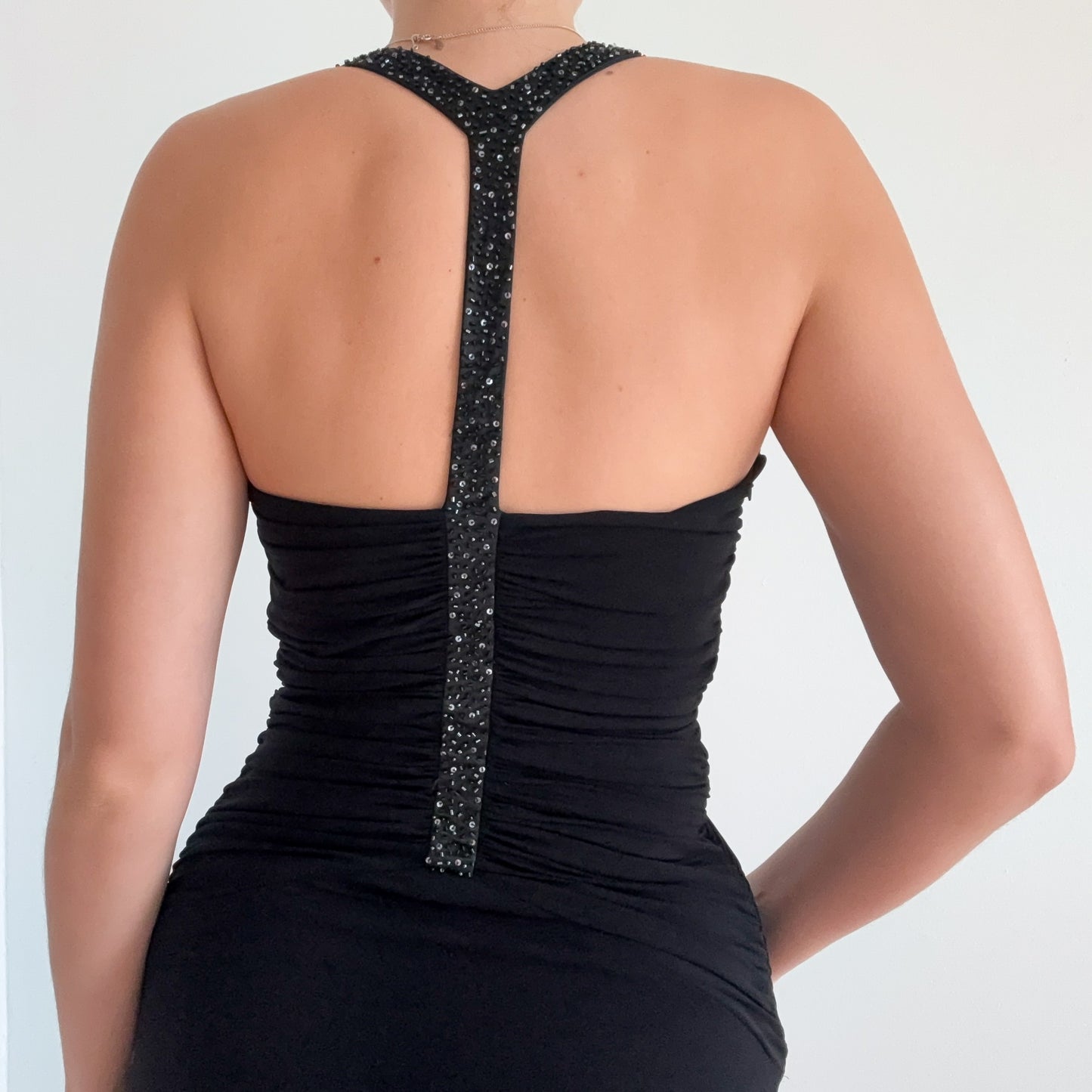 Y2K Laundry Black Beaded Ruched Dress / SZ S