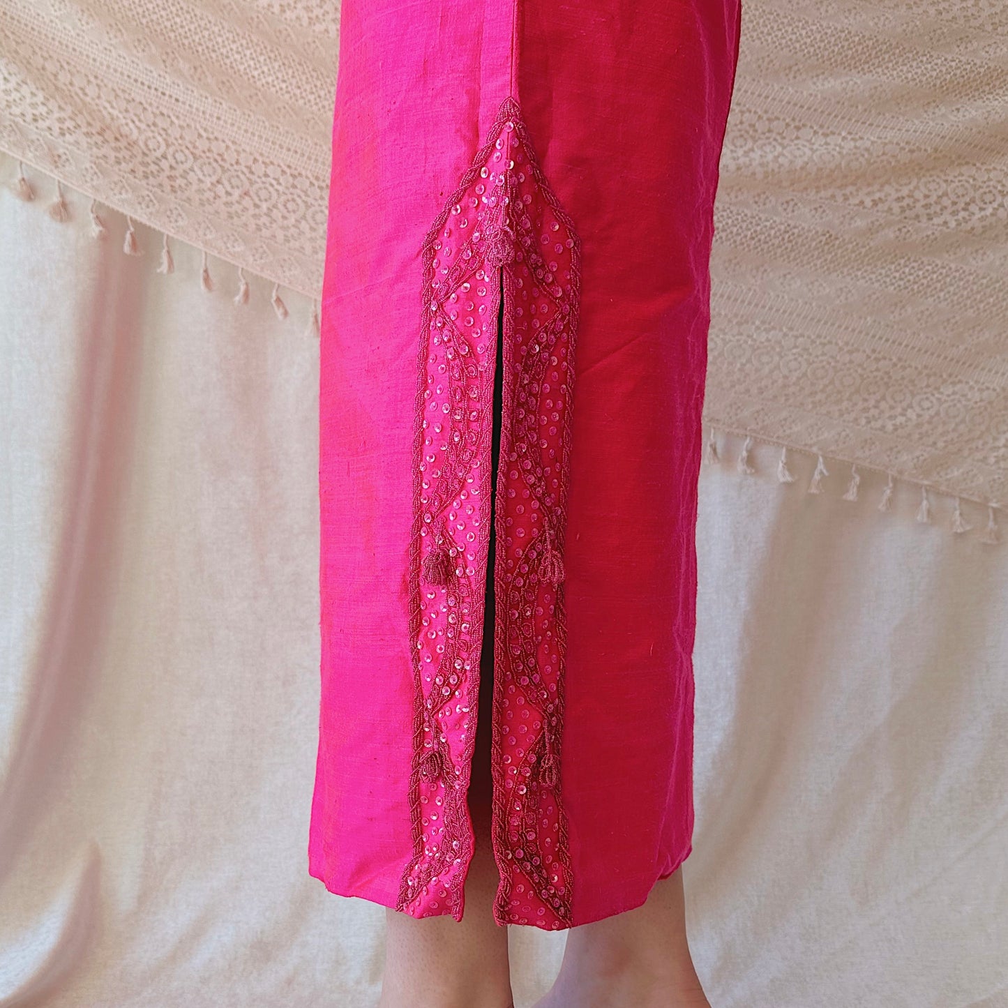 70's Hot Pink Beaded Tassel Gown / SZ 2