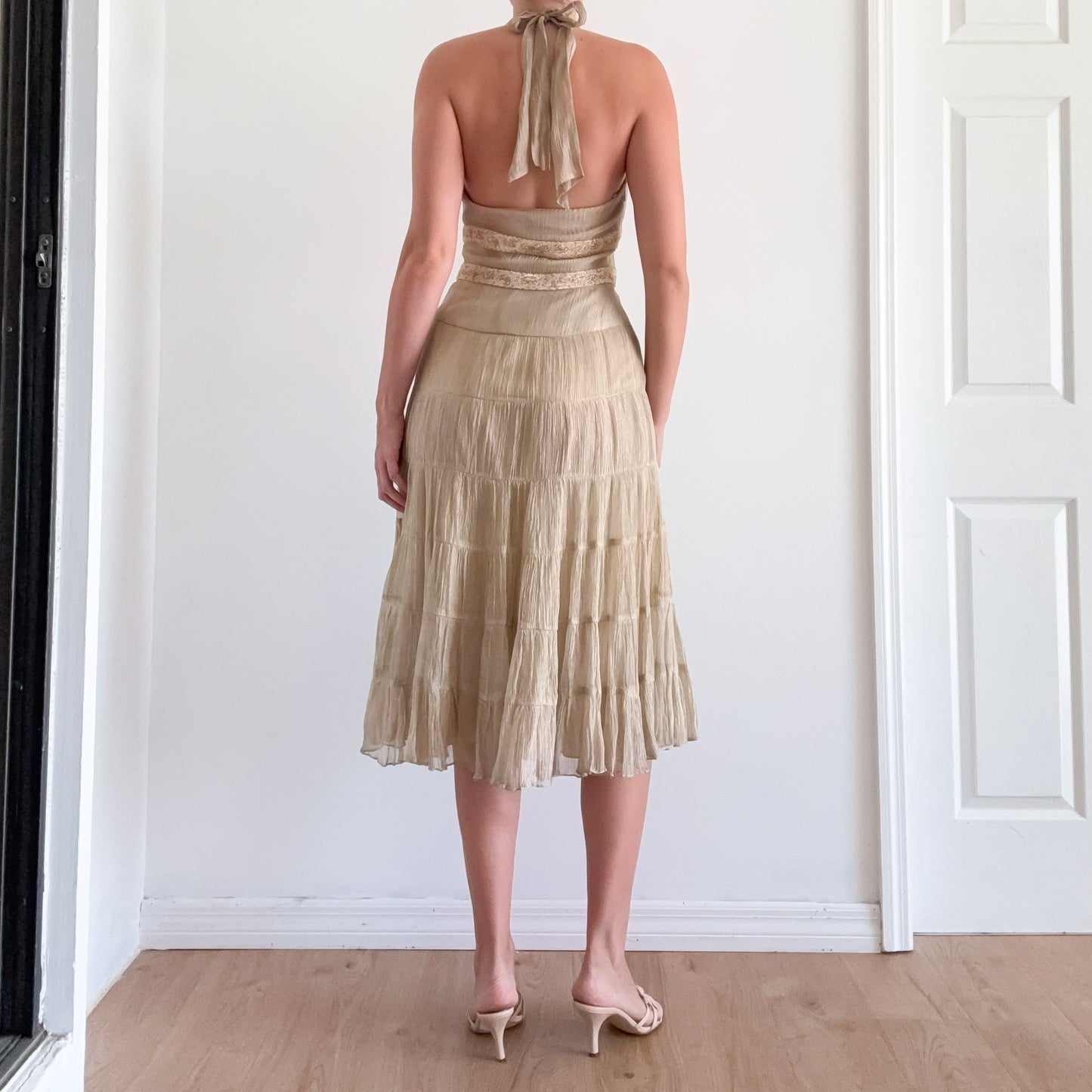 Y2K Cache Gold Beaded Halter Midi Dress / SZ 4