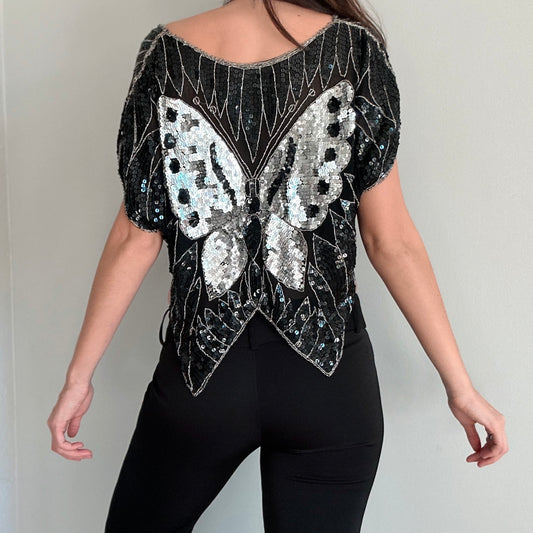 70's Black & Silver Silk Sequin Butterfly Top / One Size