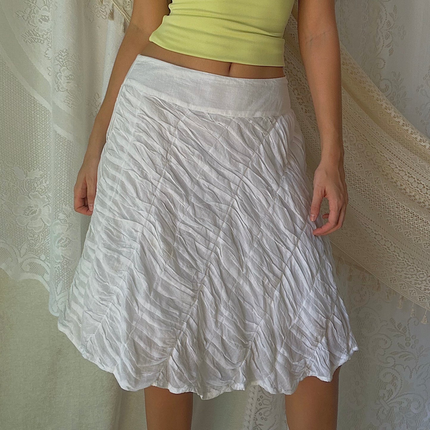 Y2K White Cotton Pleated Midi Skirt / SZ S
