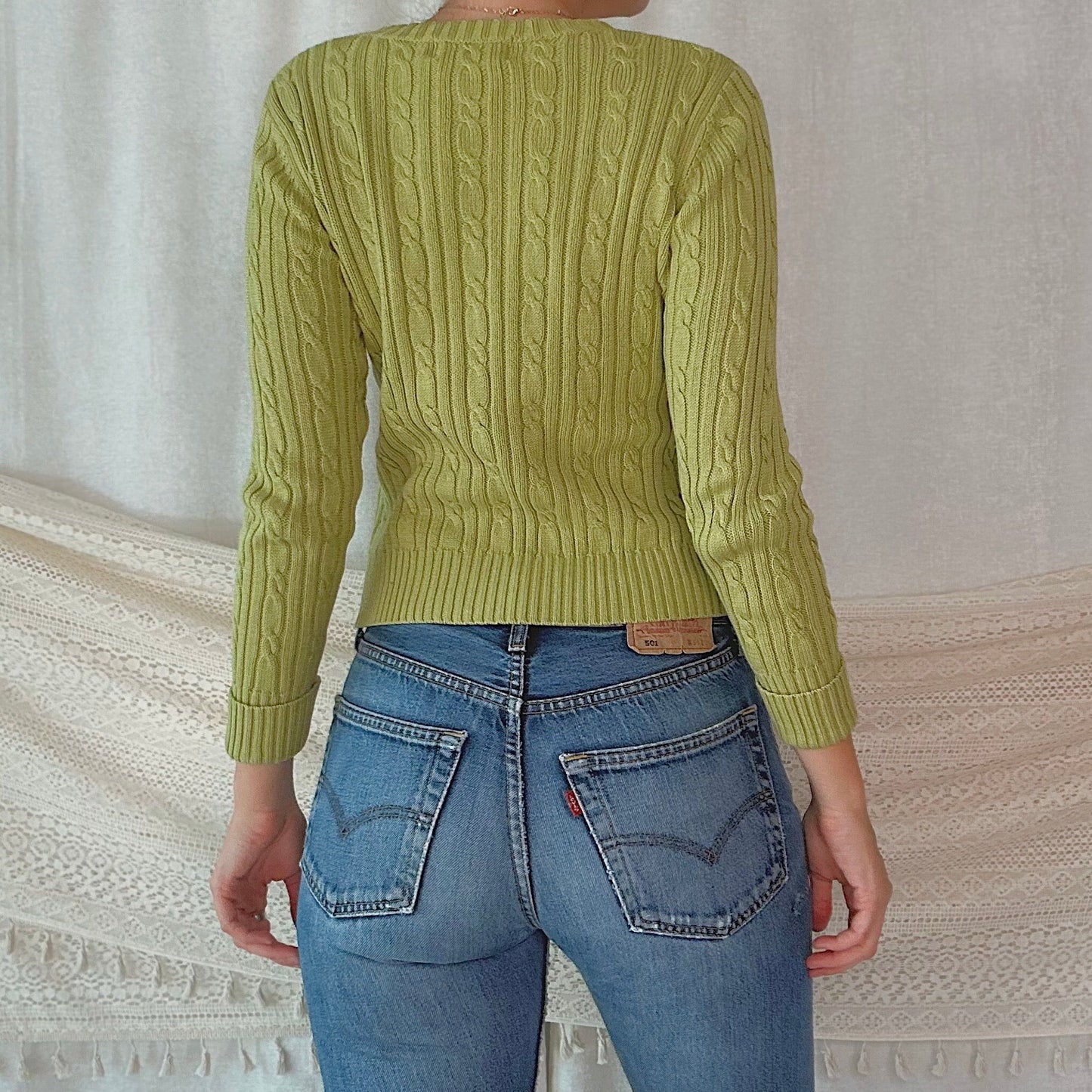Y2K Green Cable Knit Cardigan / SZ S