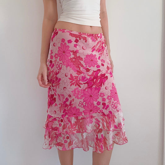 Y2K Hot Pink Floral Silk Midi Skirt / SZ S