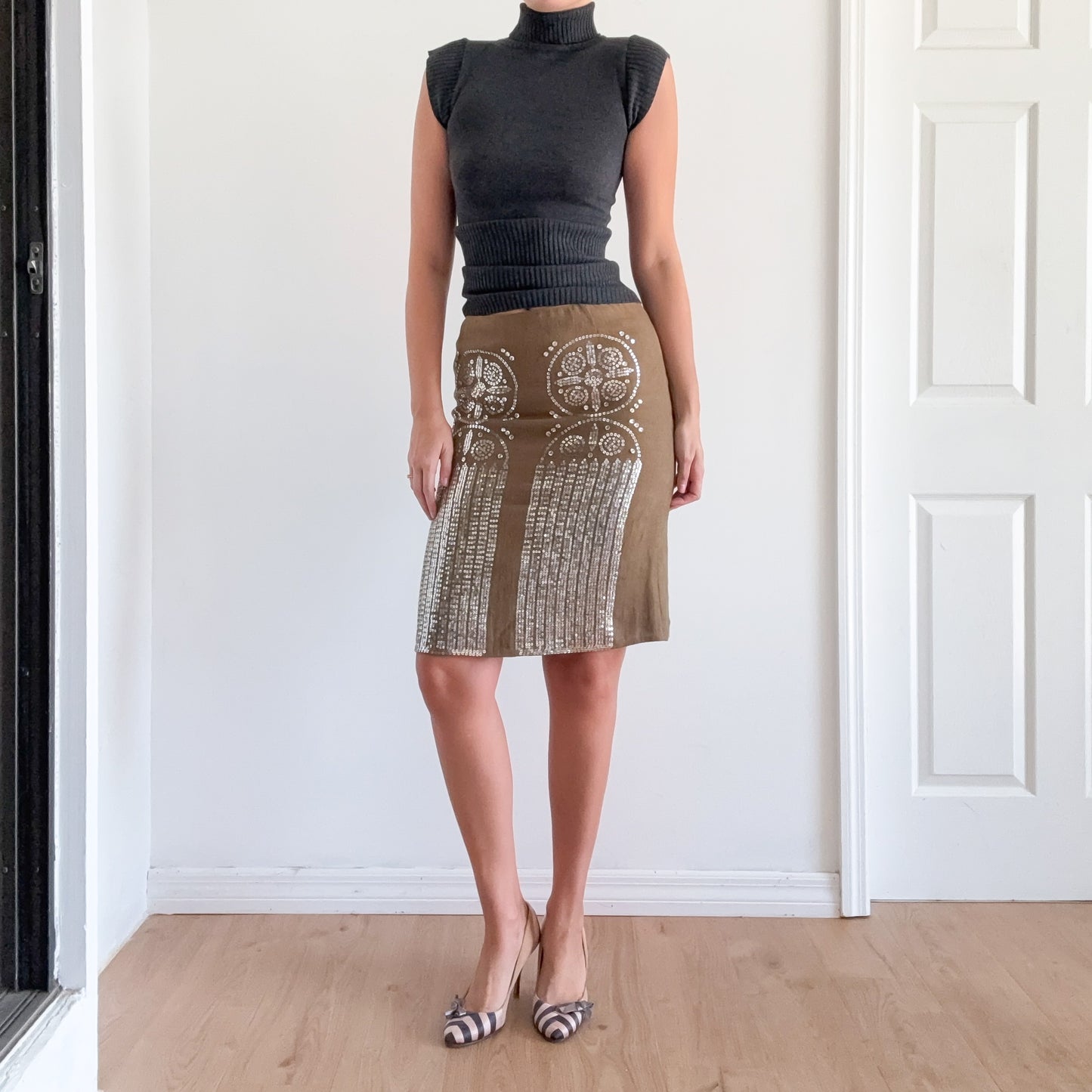 Y2K Olive & Silver Sequin Linen Pencil Skirt / SZ 6