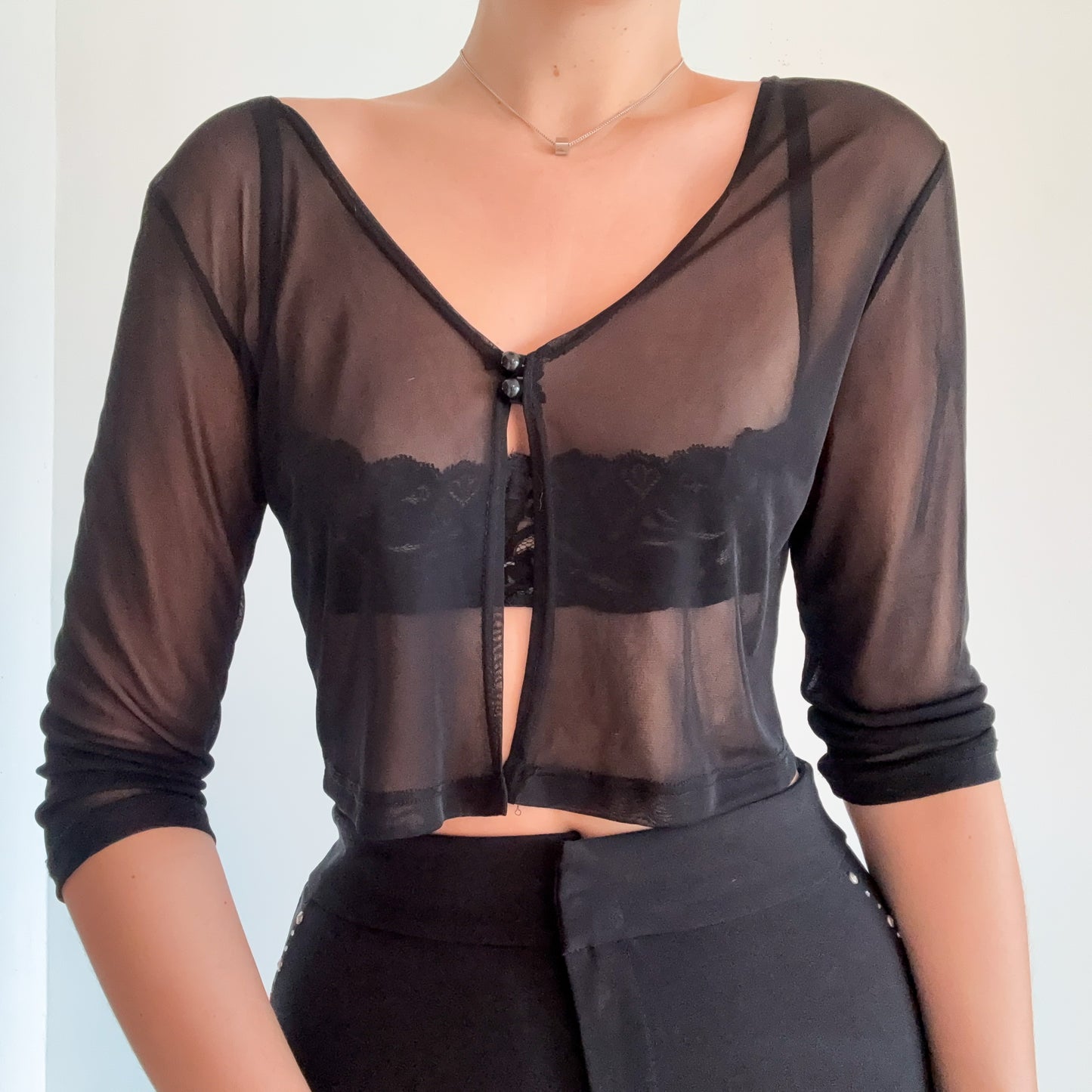 90's Black Mesh Cropped Cardigan / SZ M