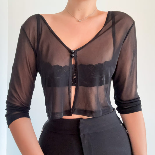 90's Black Mesh Cropped Cardigan / SZ M