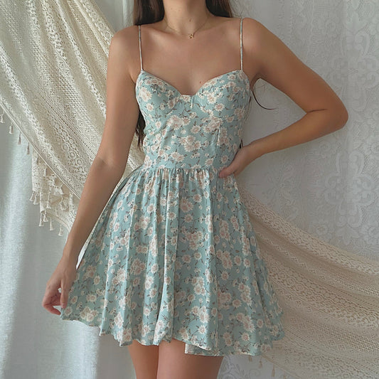 90's Turquoise Floral Mini Dress / SZ 2/4