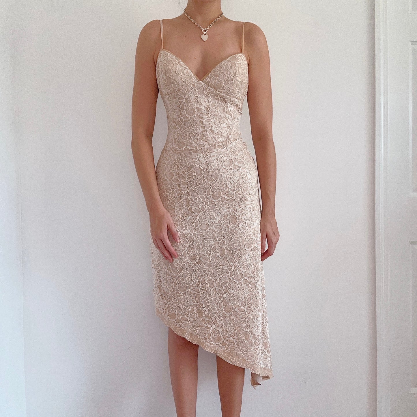 Y2K Champagne Lace Asymmetric Dress / SZ 6