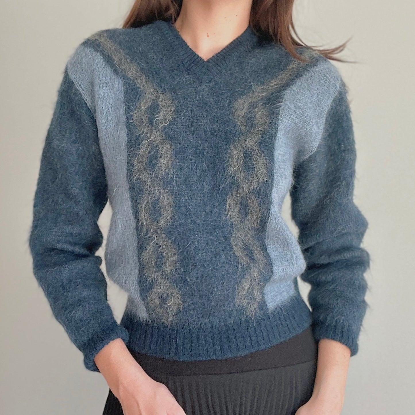 70's Navy Fuzzy Knit Sweater / SZ S/M