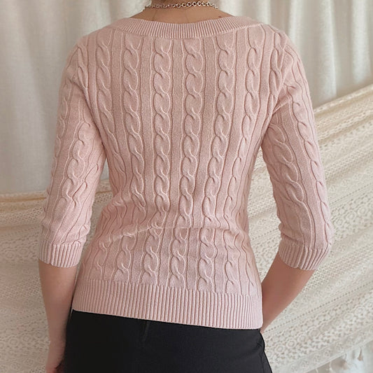 Y2K Baby Pink Cable Knit Sweater / SZ S