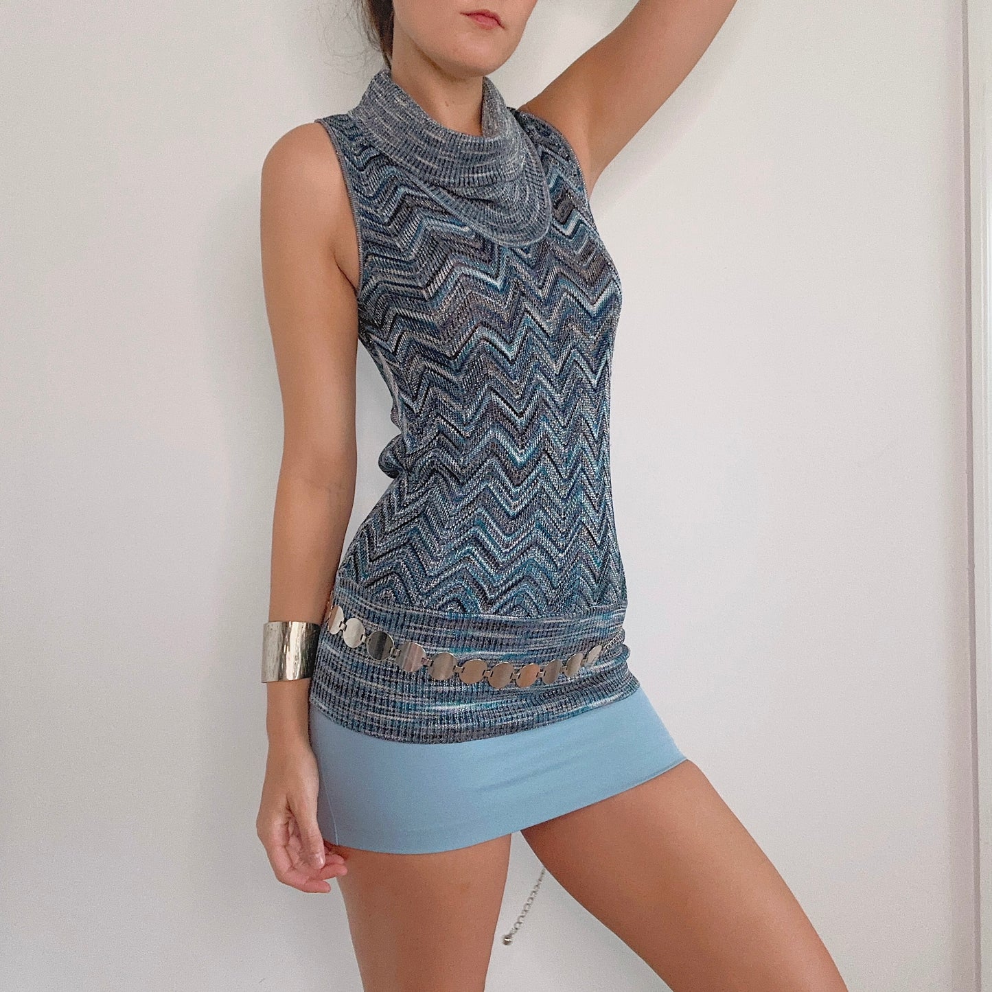 Y2K Blue Chevron Metallic Knit Tunic / SZ S-M