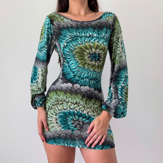 Y2K Teal & Green Printed Mini Dress / SZ M