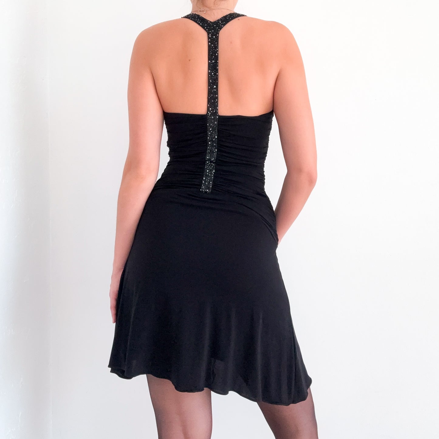 Y2K Laundry Black Beaded Ruched Dress / SZ S