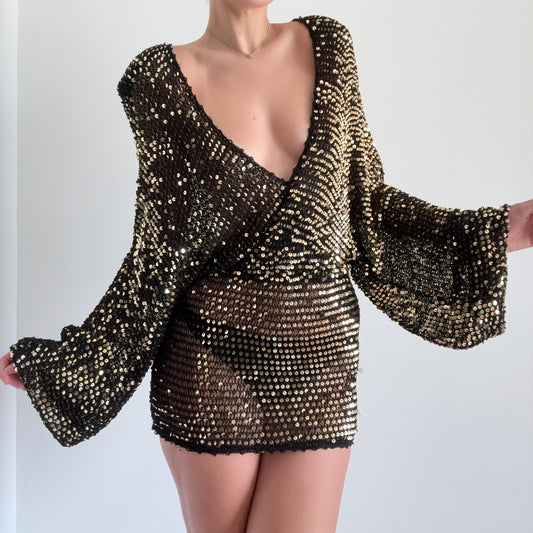 Retrofête Black & Gold Sequin Knit Disco Dress / SZ XS/S