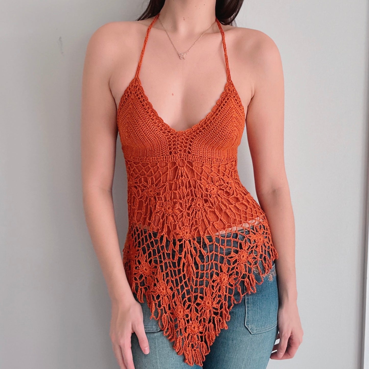 Y2K Burnt Orange Crochet Halter Top / SZ S