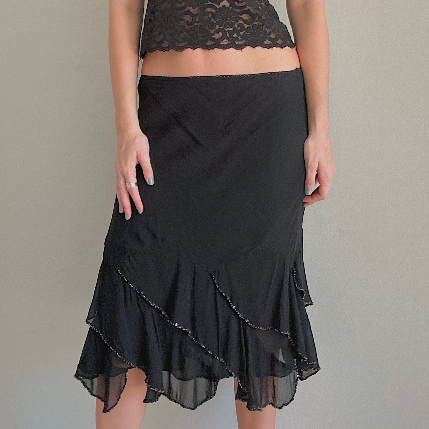 Y2K Black Rayon Sequin Ruffle Midi Skirt / SZ L