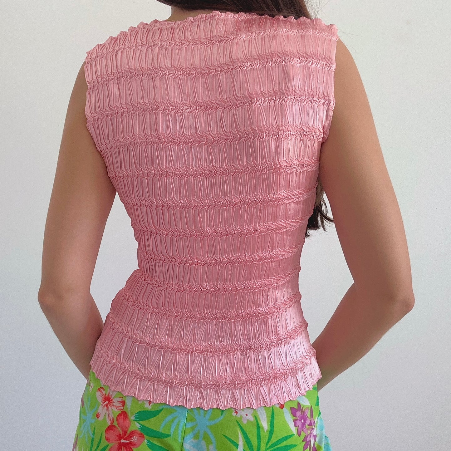 Y2K Bubblegum Pink Crinkle Pleat Top / SZ M