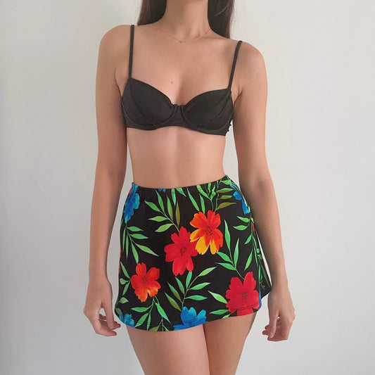 90's Black Tropical Swim Skirt / SZ XS-S