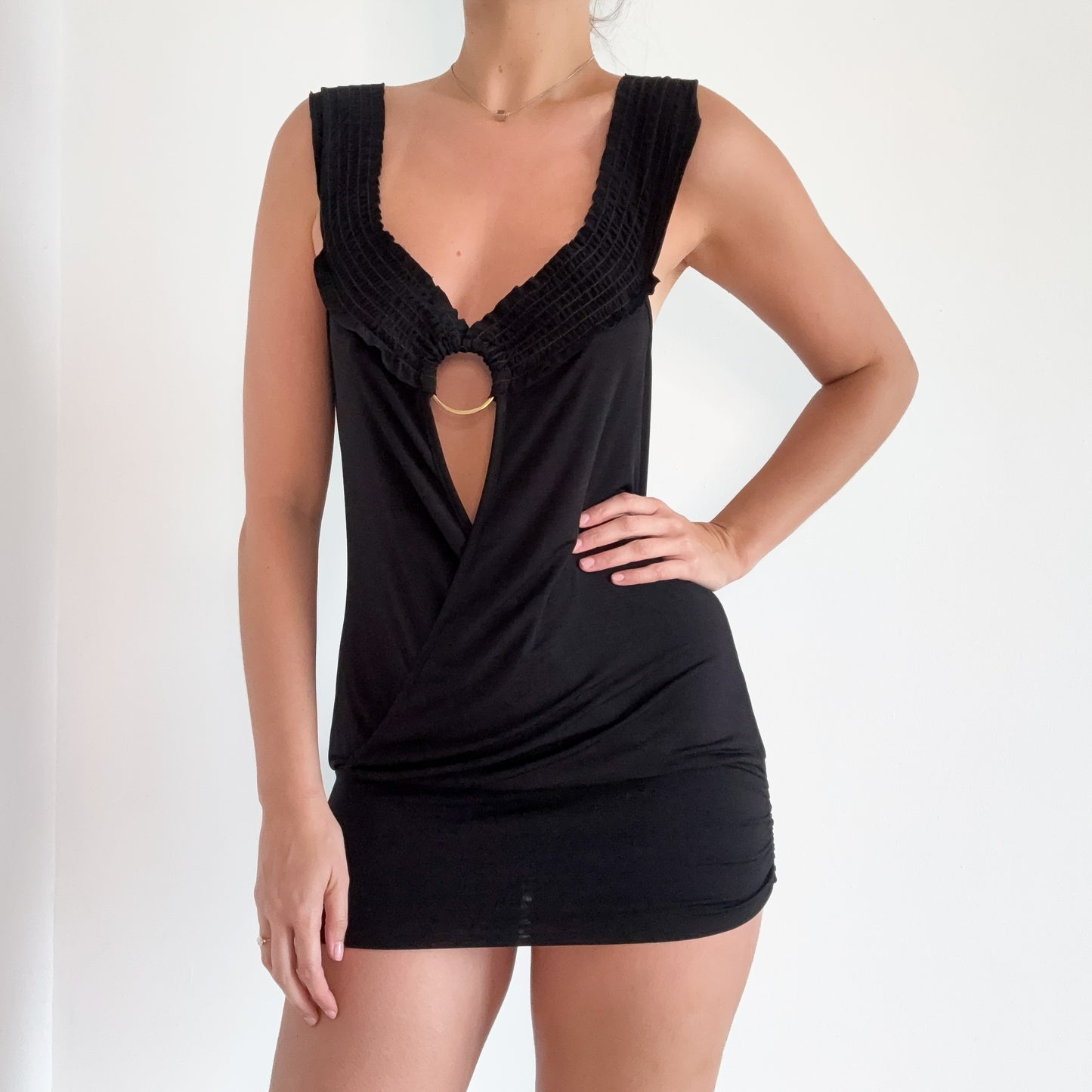 Y2K Black Smocked Slouchy Tunic / Dress / SZ M