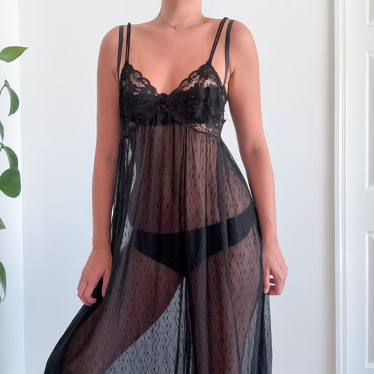80's Black Lace Nightgown / SZ M