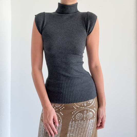Y2K Grey Cap Sleeve Knit Turtleneck / SZ S