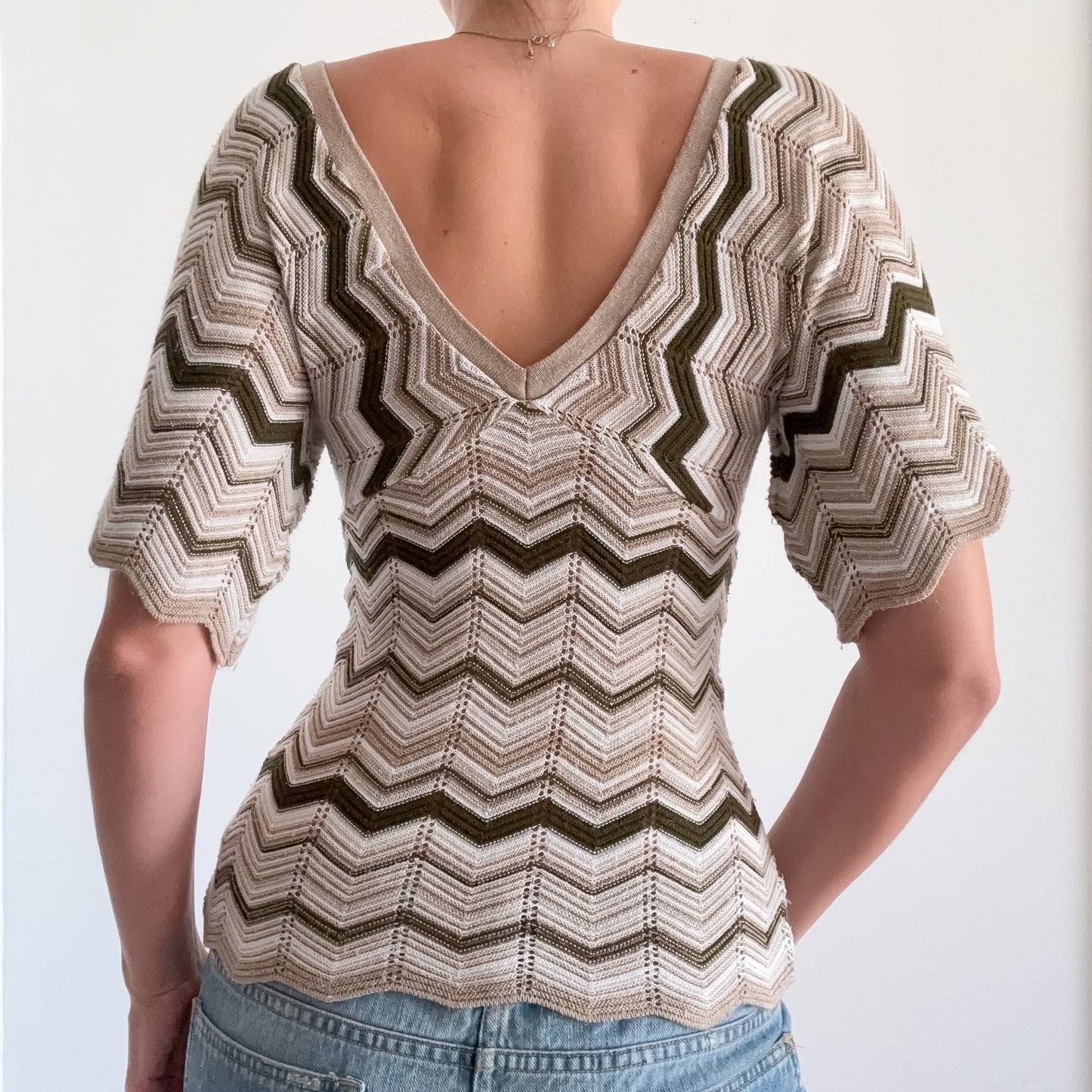 Y2K Tan & Army Chevron Knit Top / SZ S