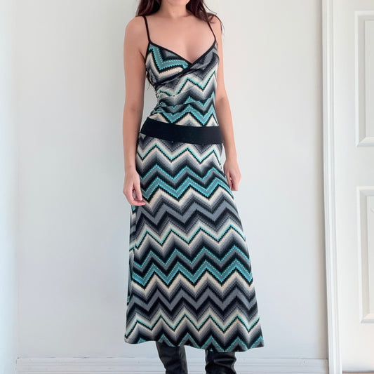 Y2K Black & Cyan Printed Maxi Dress / SZ XS/S