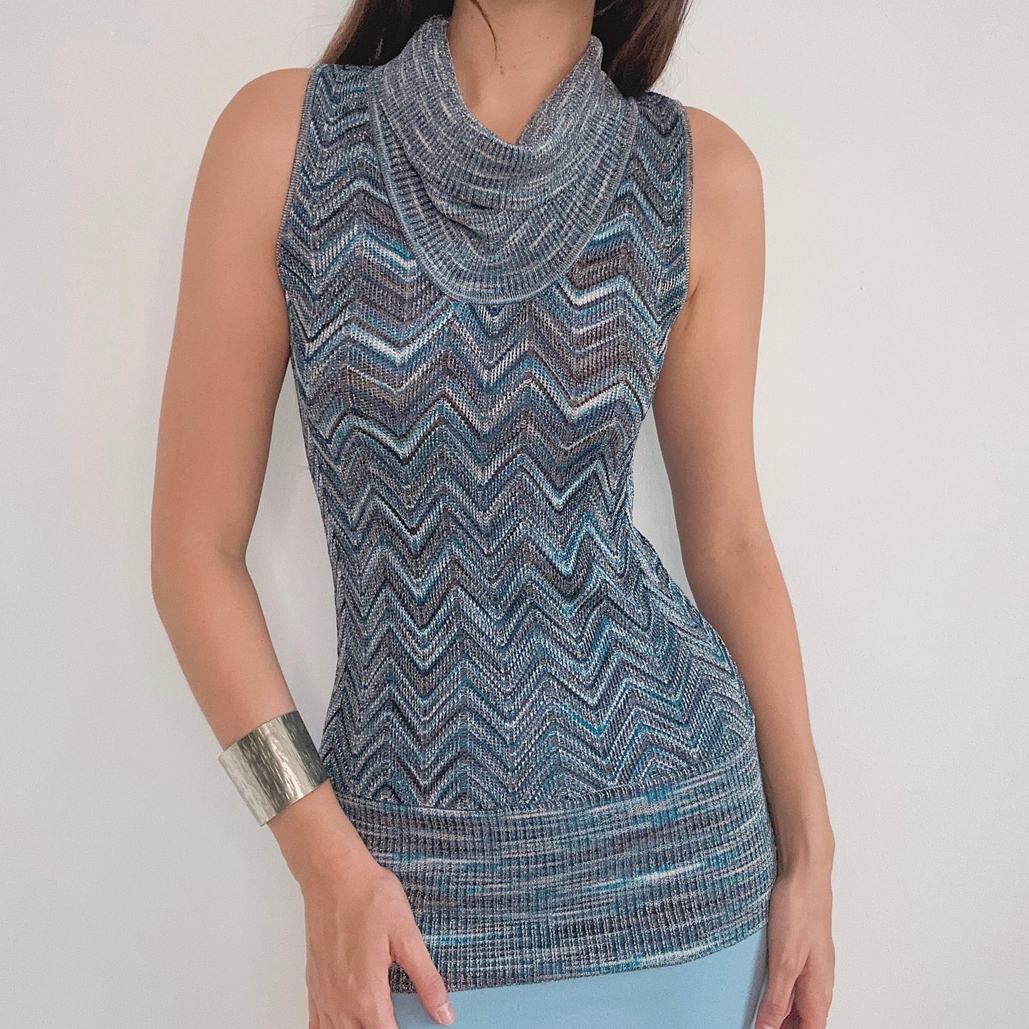 Y2K Blue Chevron Metallic Knit Tunic / SZ S-M