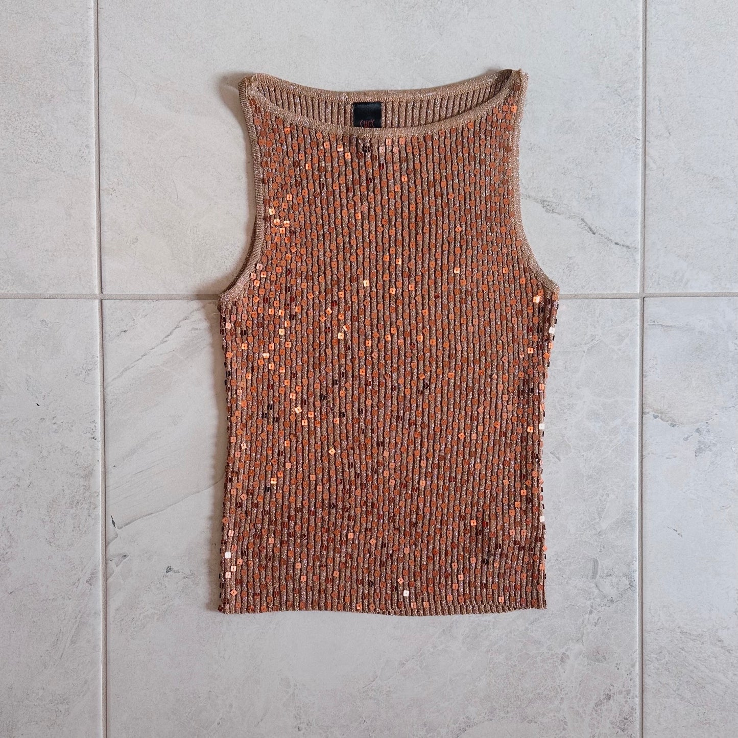 Y2K Bronze Sequin Sparkle Knit Top / SZ S