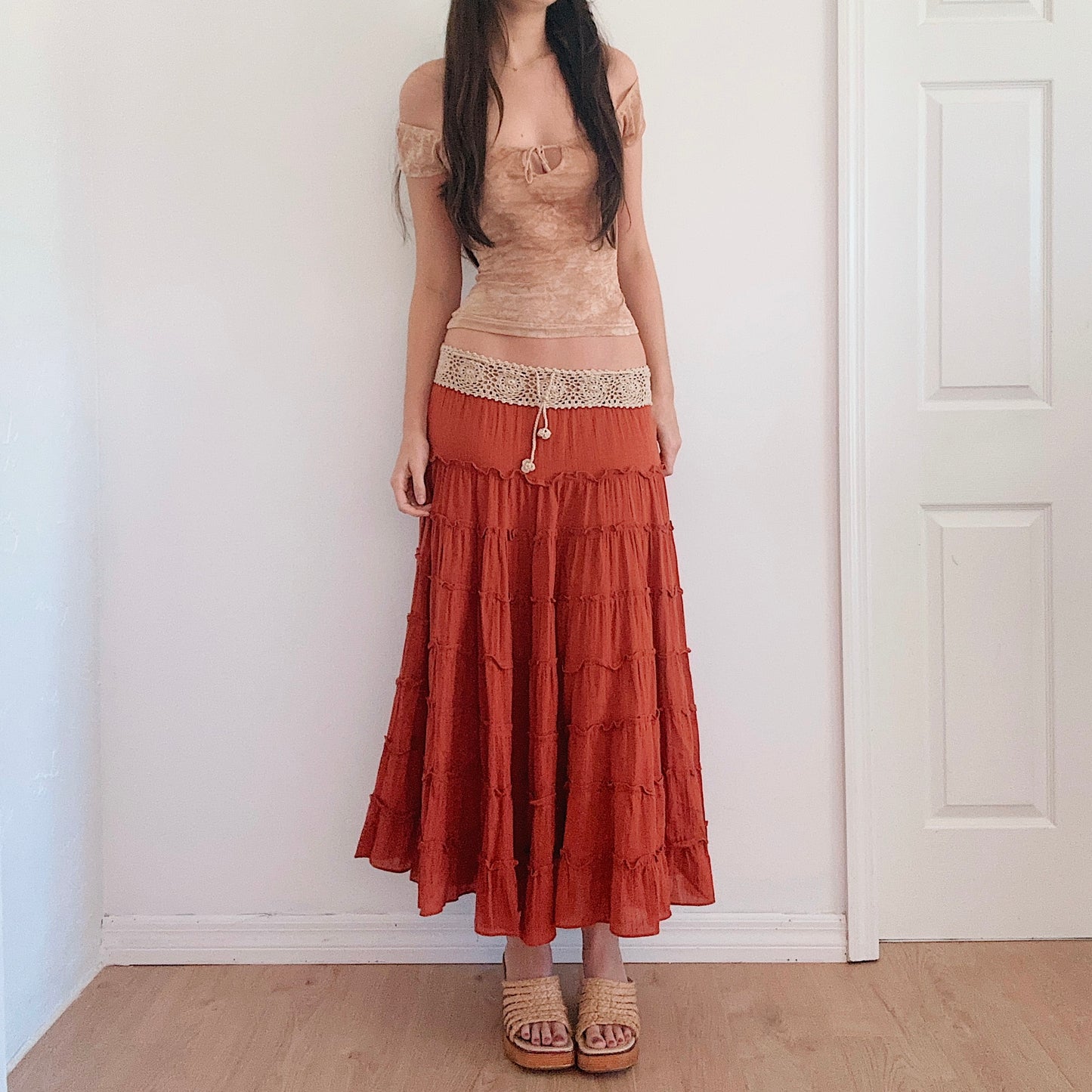 Y2K Burnt Orange Tiered Maxi Skirt / SZ M