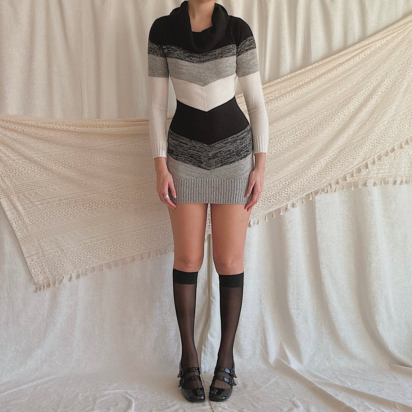 Y2K Black & Grey Chevron Knit Sweater Dress / SZ XS