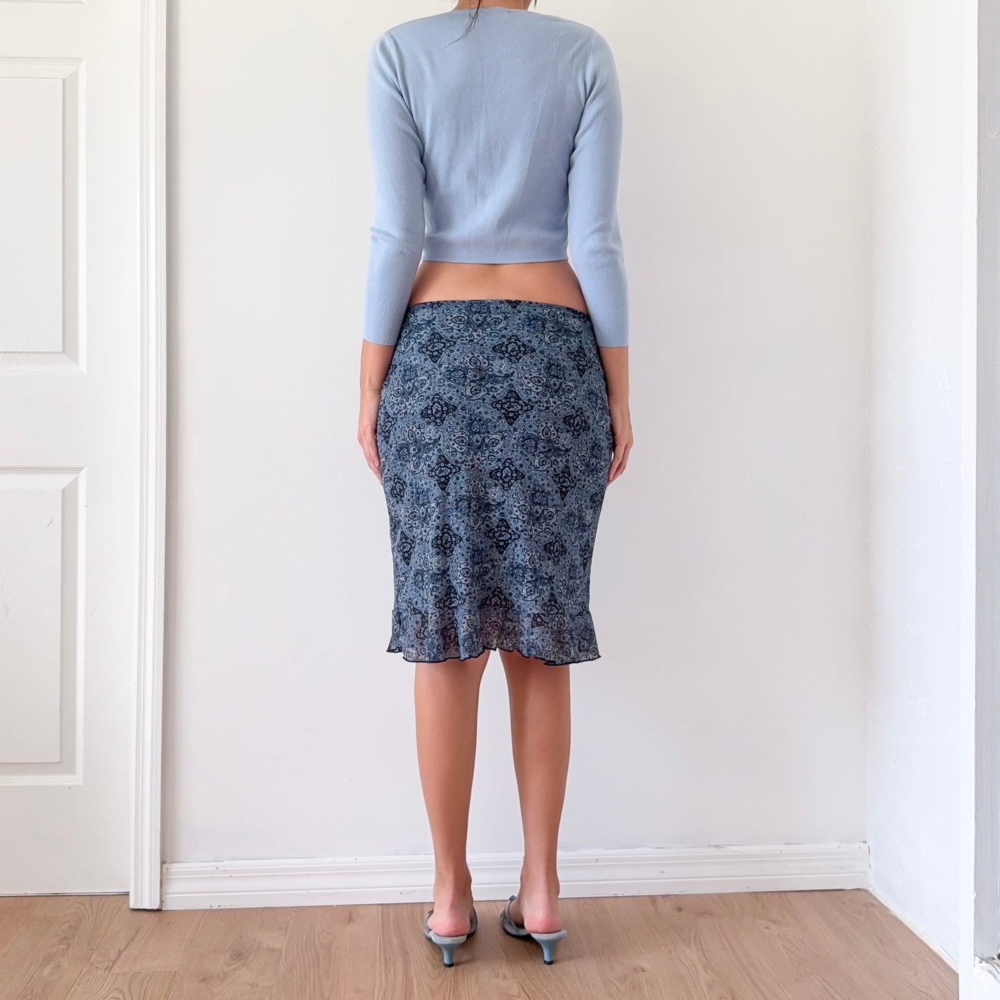 Y2K Stone Blue Paisley Mesh Midi Skirt / SZ M