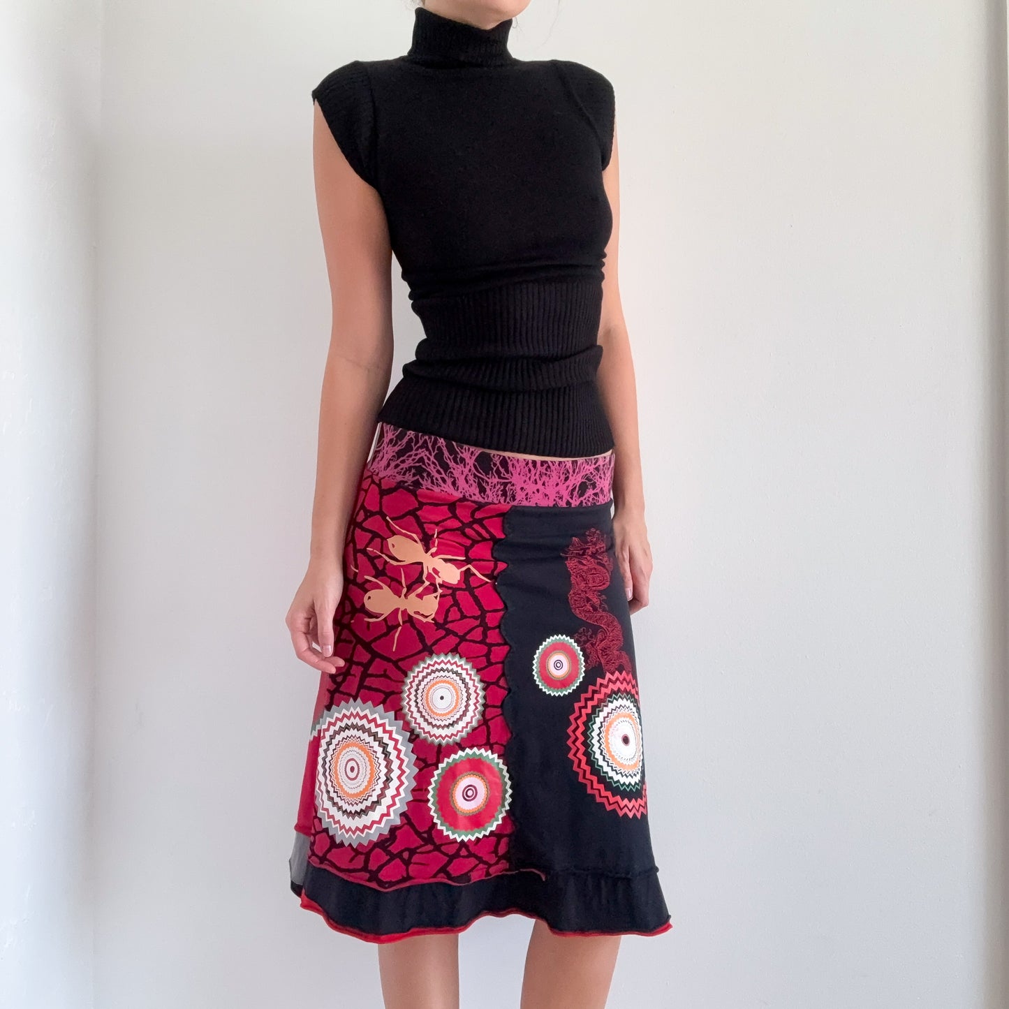Y2K Desigual Red & Black Ant Midi Skirt / SZ S-M