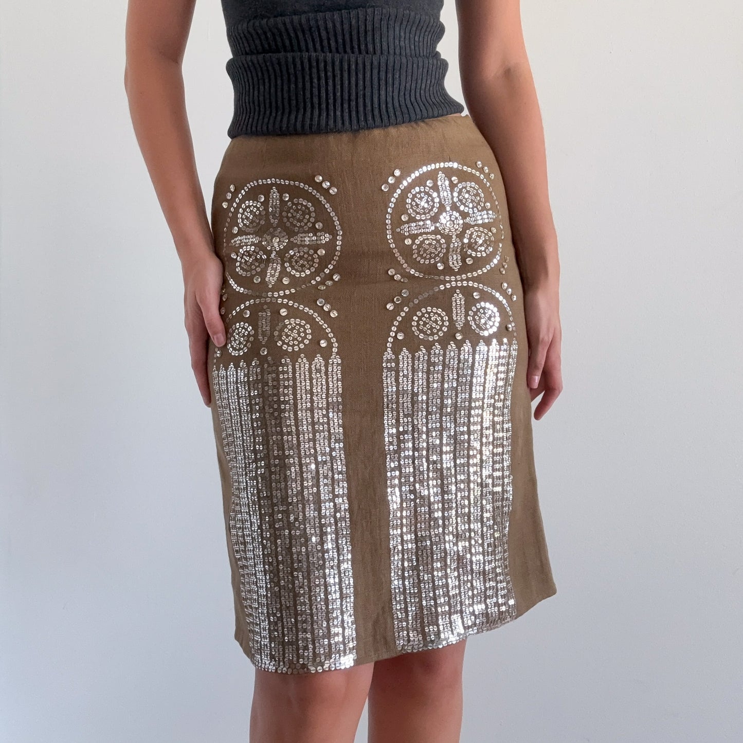 Y2K Olive & Silver Sequin Linen Pencil Skirt / SZ 6