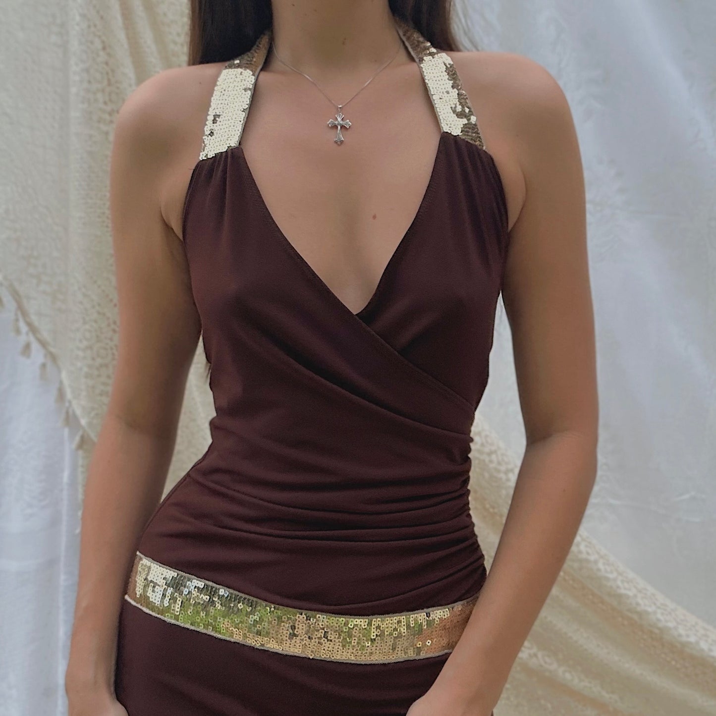 Y2K Brown & Gold Sequin Halter Dress / SZ M