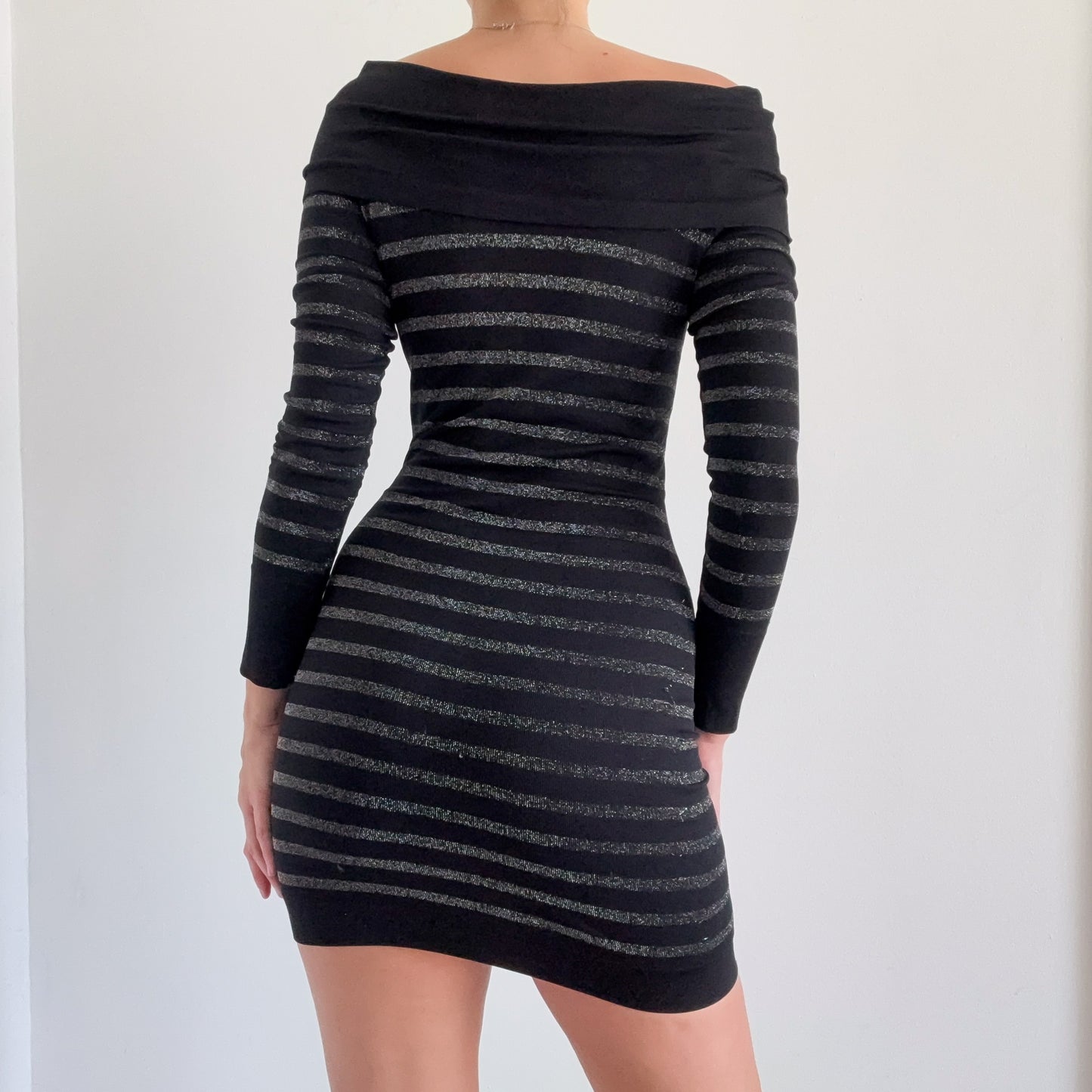 Y2K Black & Silver Striped Long Sleeve Dress / SZ S-L