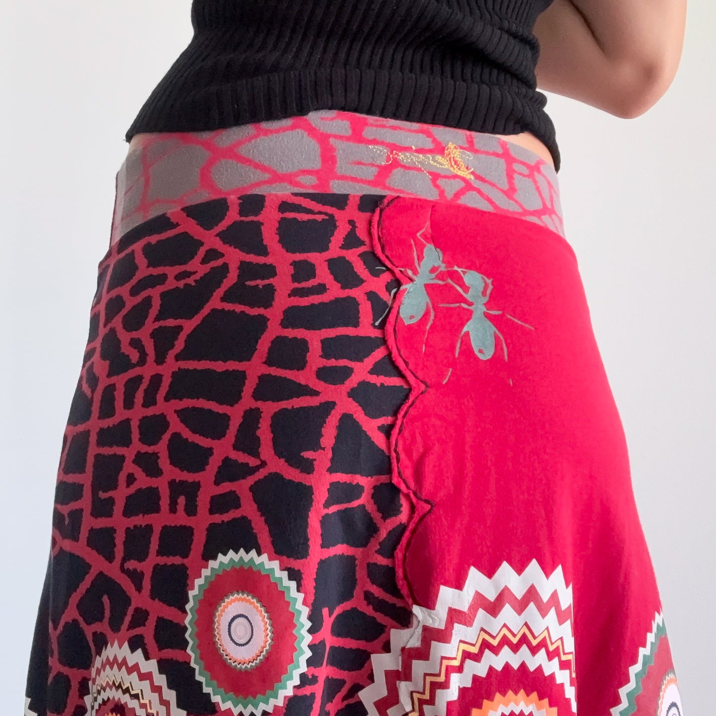 Y2K Desigual Red & Black Ant Midi Skirt / SZ S-M